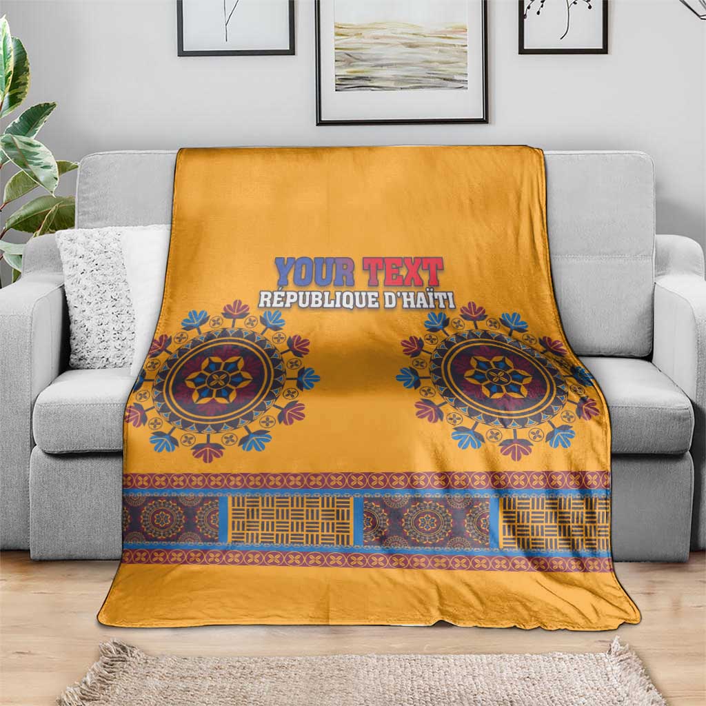 Yellow dashiki-style blanket with large circular blue pattern and 'YOUR TEXT' print
