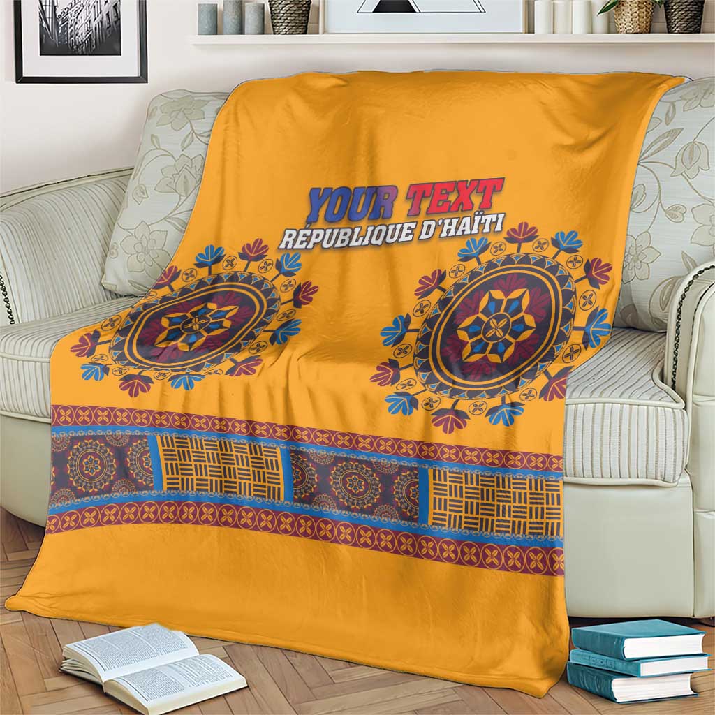 Yellow dashiki-style blanket with blue emblem band and 'YOUR TEXT' and Haiti text