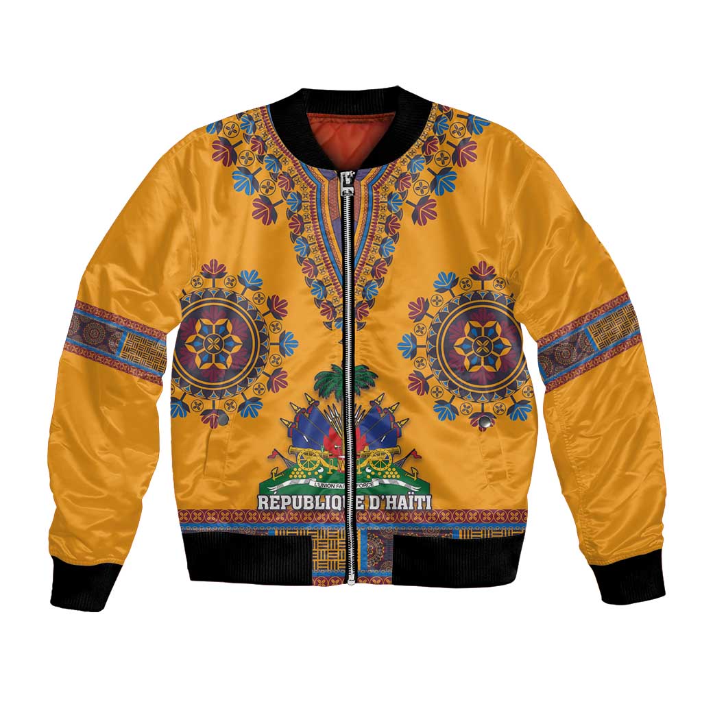 Yellow dashiki-style bomber jacket with zip front, ribbed collar, blue patterned sleeves