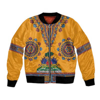 Yellow dashiki-style bomber jacket with zip front, ribbed collar, blue patterned sleeves