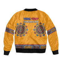 Yellow bomber jacket back with YOUR TEXT, REPUBLIQUE D'HAITI print, ribbed hem cuffs