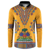 Yellow dashiki button sweatshirt with black collar and colorful crest print