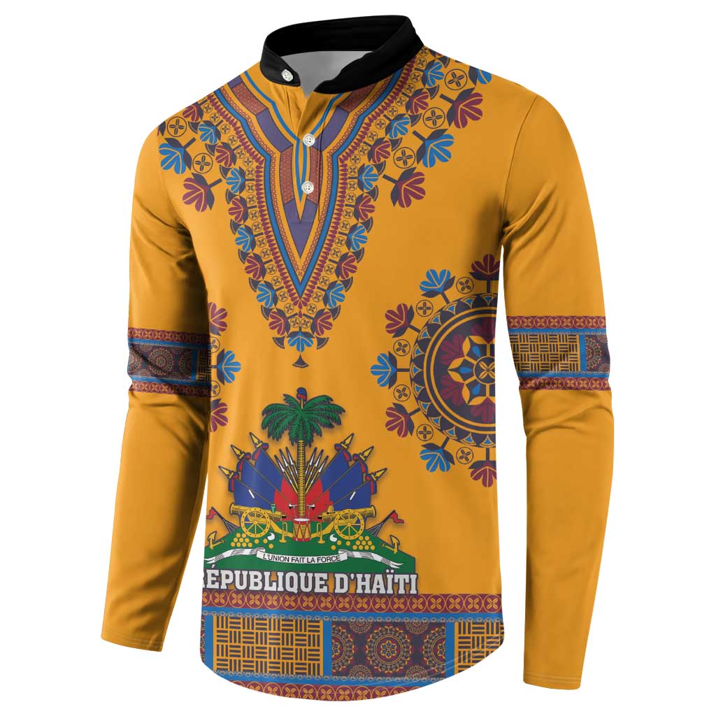 Yellow dashiki button sweatshirt with black collar and circular pattern print at side