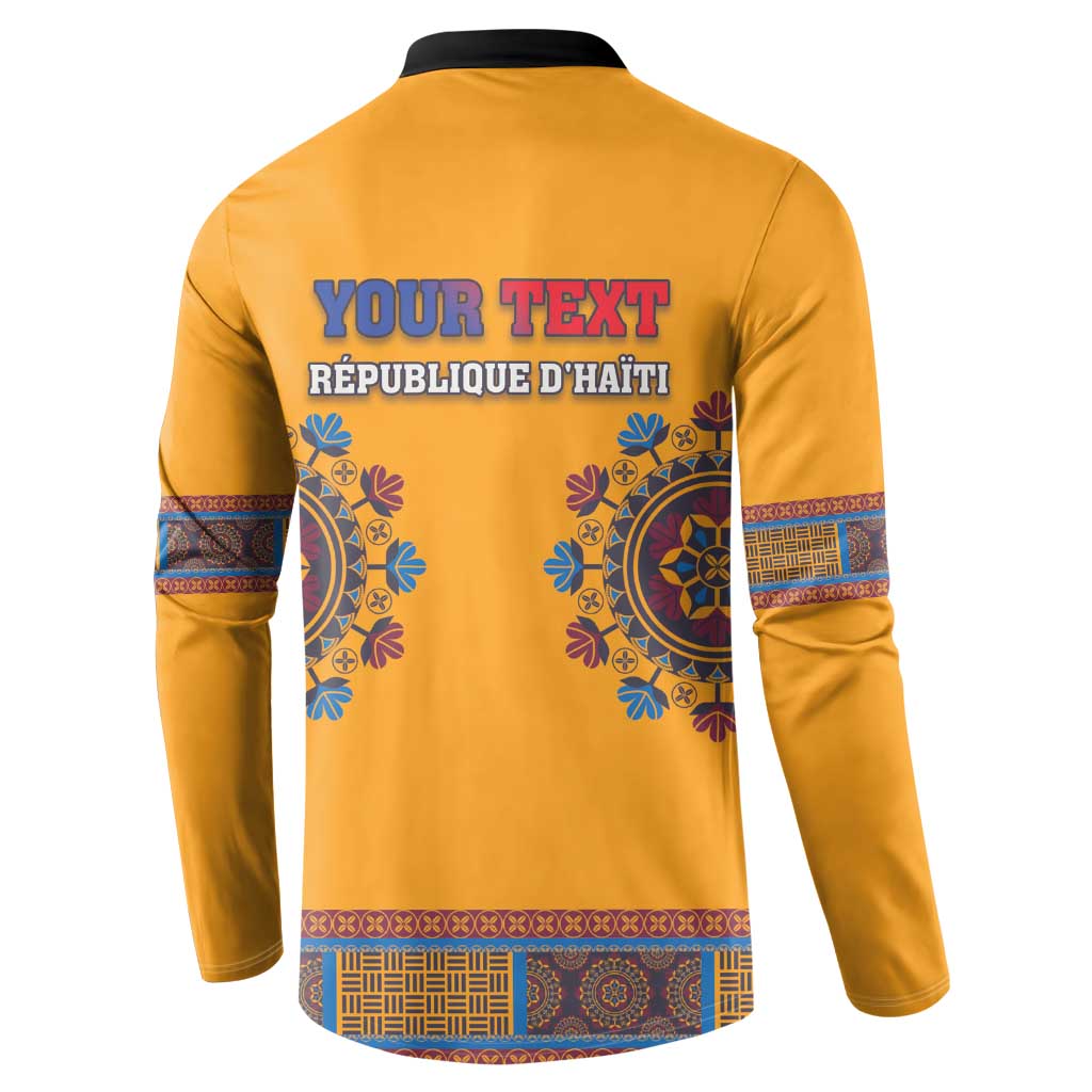 Yellow dashiki button sweatshirt back with YOUR TEXT and blue decorative medallions
