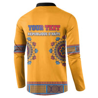 Yellow dashiki button sweatshirt back with YOUR TEXT and blue decorative medallions