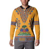 Yellow dashiki button sweatshirt, black collar, full chest print with REPUBLIQUE D'HAITI