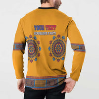 Yellow dashiki button sweatshirt back with YOUR TEXT and REPUBLIQUE D'HAITI lettering