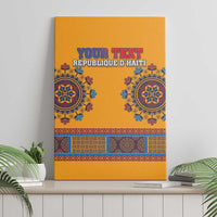 Yellow Haiti dashiki canvas wall art leaning on shelf, “YOUR TEXT” centered