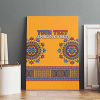 Yellow Haiti dashiki canvas wall art on floor with “YOUR TEXT” and circular emblems