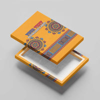 Yellow Haiti dashiki canvas wall art on wooden stand, “YOUR TEXT” visible