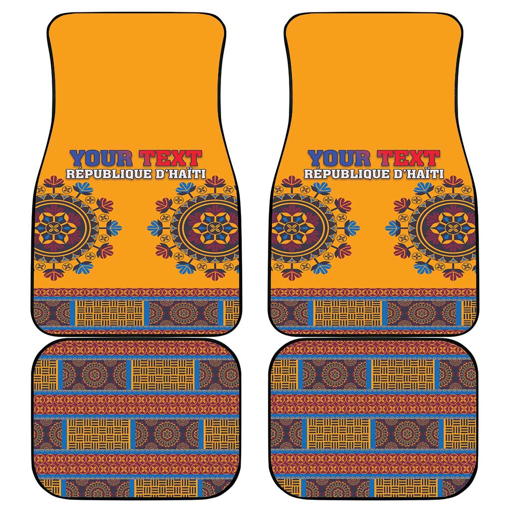 Set of 4 yellow dashiki-pattern car mats with “YOUR TEXT” and “Republique d’Haiti”