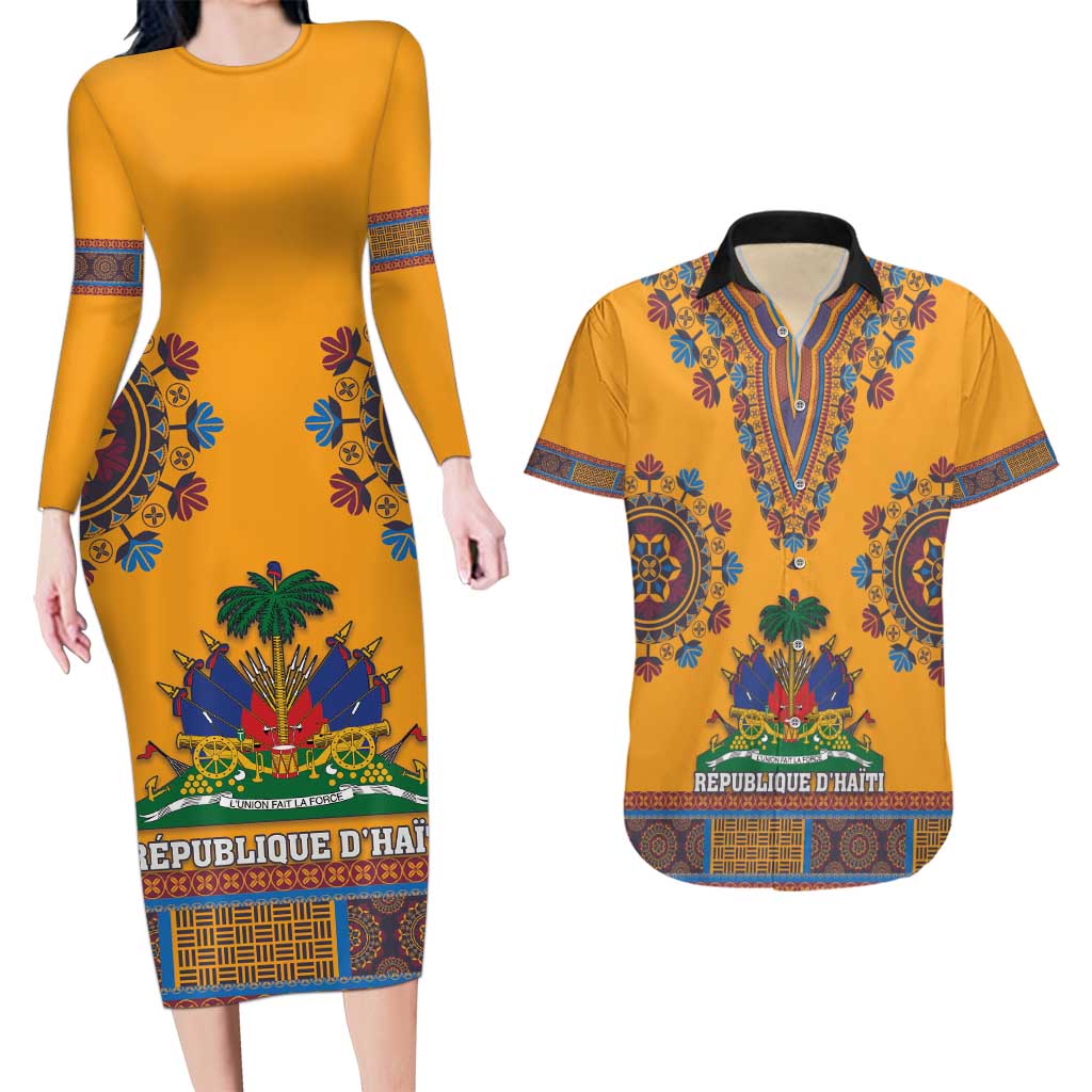 Personalized Haiti Dashiki Couples Matching Long Sleeve Bodycon Dress and Hawaiian Shirt - Wonder Print Shop