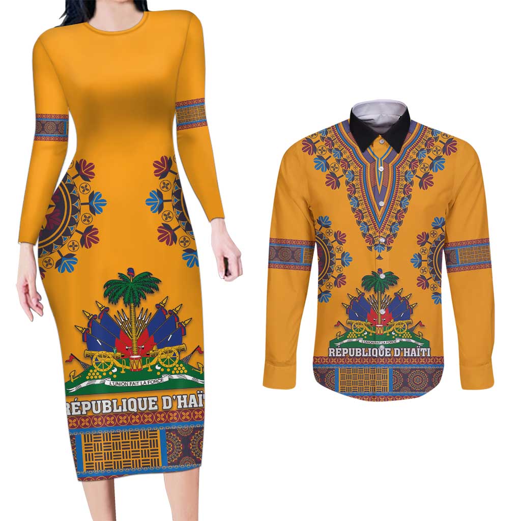 Personalized Haiti Dashiki Couples Matching Long Sleeve Bodycon Dress and Long Sleeve Button Shirt - Wonder Print Shop