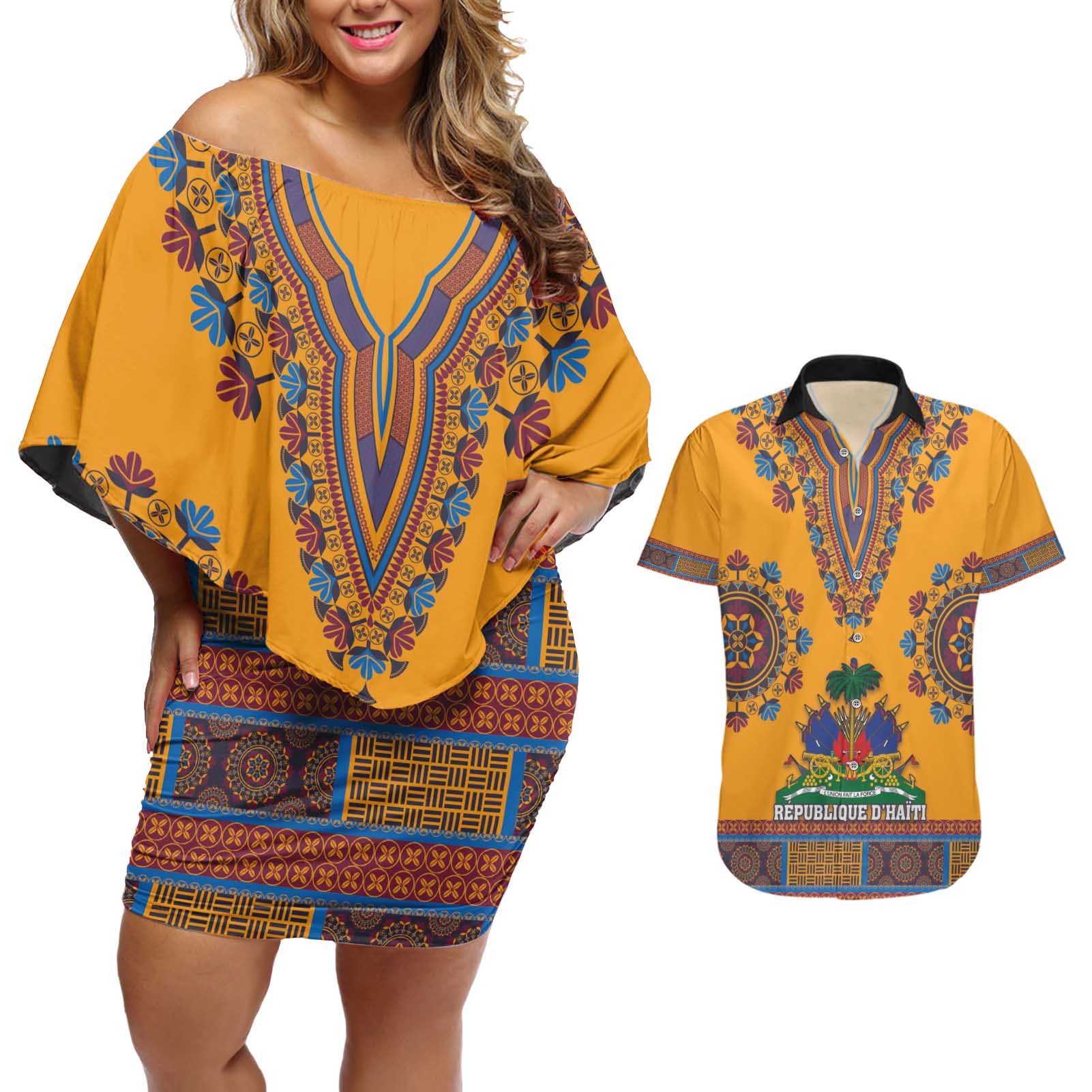 Personalized Haiti Dashiki Couples Matching Off Shoulder Short Dress and Hawaiian Shirt - Wonder Print Shop