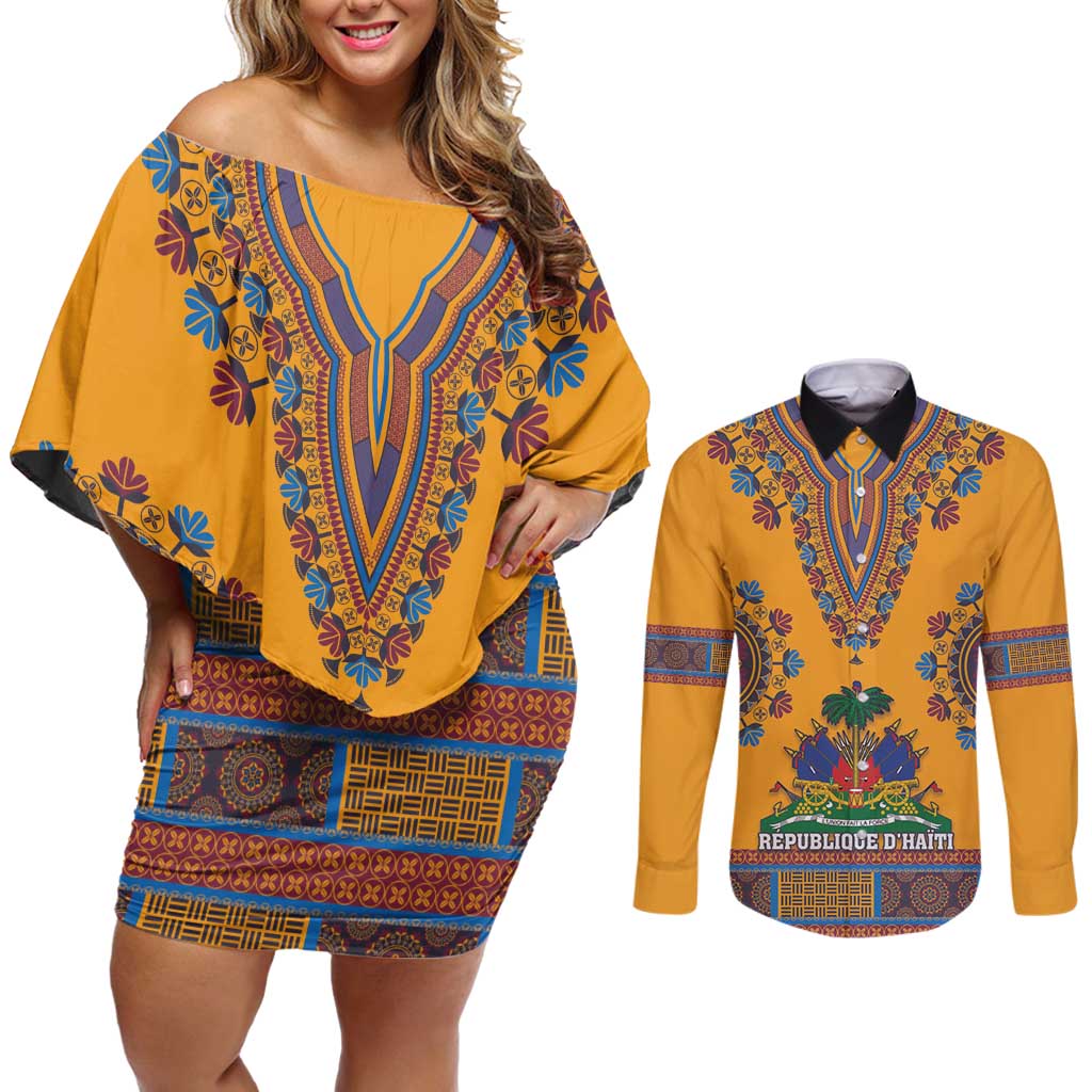 Personalized Haiti Dashiki Couples Matching Off Shoulder Short Dress and Long Sleeve Button Shirt - Wonder Print Shop