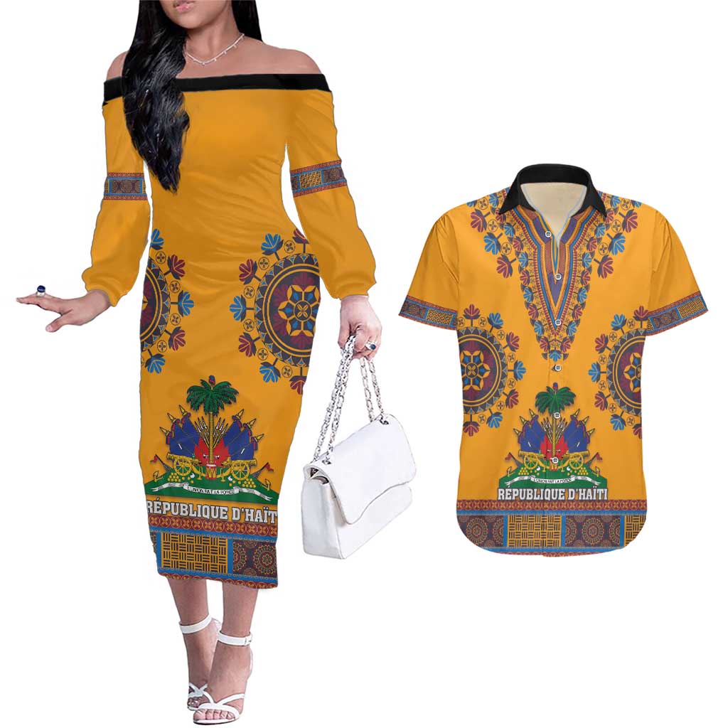 Personalized Haiti Dashiki Couples Matching Off The Shoulder Long Sleeve Dress and Hawaiian Shirt - Wonder Print Shop