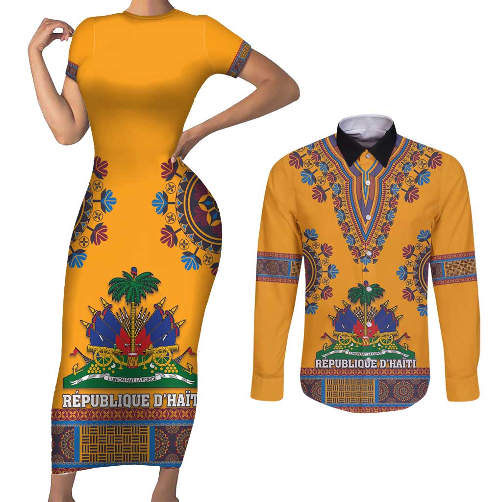 Personalized Haiti Dashiki Couples Matching Short Sleeve Bodycon Dress and Long Sleeve Button Shirt - Wonder Print Shop