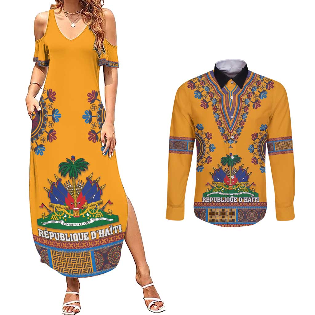 Personalized Haiti Dashiki Couples Matching Summer Maxi Dress and Long Sleeve Button Shirt - Wonder Print Shop