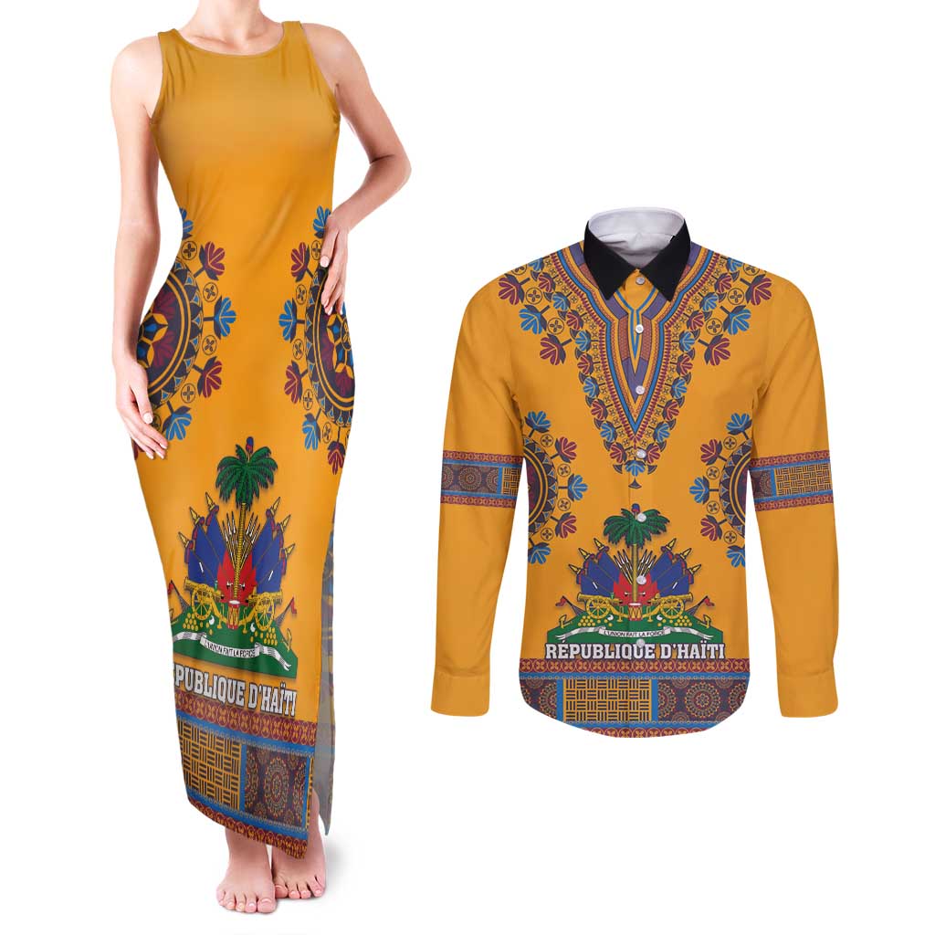 Personalized Haiti Dashiki Couples Matching Tank Maxi Dress and Long Sleeve Button Shirt - Wonder Print Shop