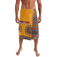 Yellow dashiki lavalava with 'YOUR TEXT' and patterned medallion panel