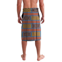 Knee-length dashiki lavalava with yellow, blue, and orange geometric stripe pattern
