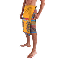 Yellow dashiki lavalava with patchwork panels and 'YOUR TEXT' printed graphic