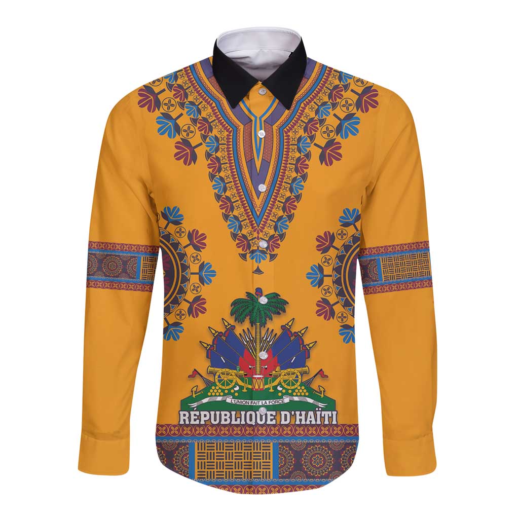 Yellow long-sleeve dashiki button shirt with colorful front V-pattern and chest emblem