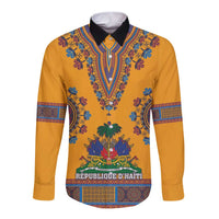 Yellow long-sleeve dashiki button shirt with colorful front V-pattern and chest emblem
