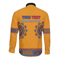 Yellow long-sleeve dashiki button shirt back with 'YOUR TEXT' and Haiti print