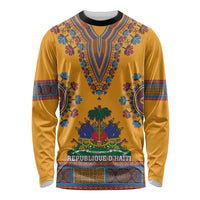 Yellow long-sleeve dashiki shirt with blue embroidered V-neck and Haiti crest