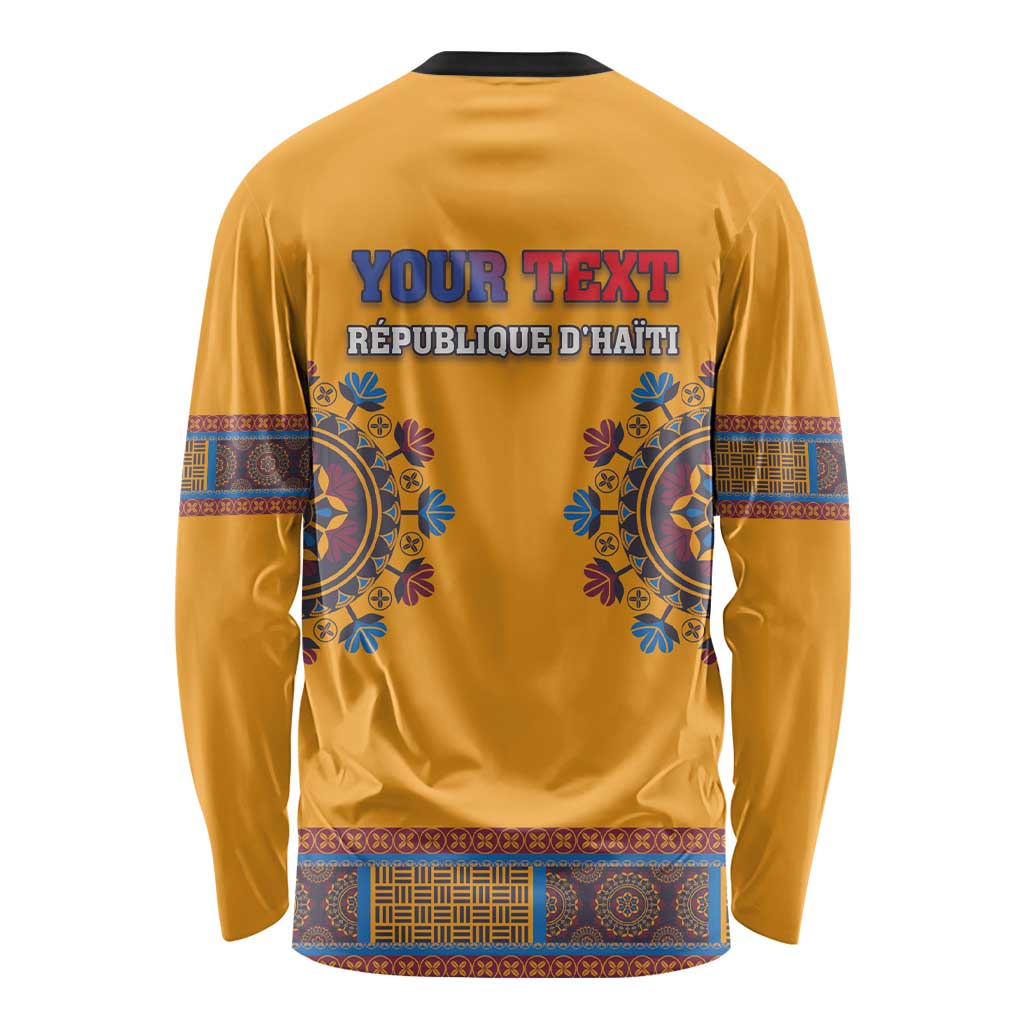 Yellow long-sleeve dashiki shirt with blue back print and 'REPUBLIQUE D'HAITI' text