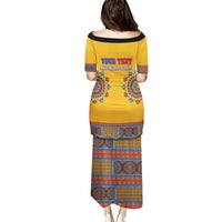 Yellow dashiki-style long dress back with multicolor geometric print, short sleeves