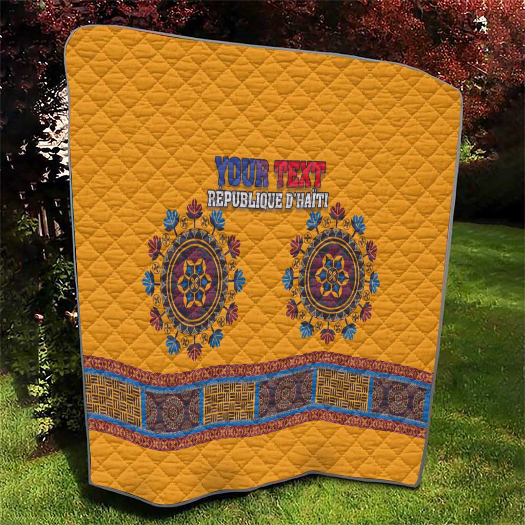 Yellow quilt with blue “YOUR TEXT” and “Republique d’Haiti”, two medallion designs