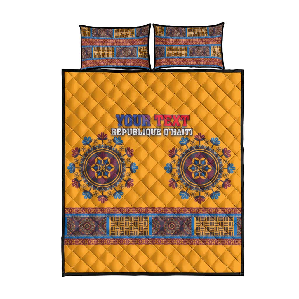 Yellow quilt bed set with blue border trim, circular medallions, and two square pillows