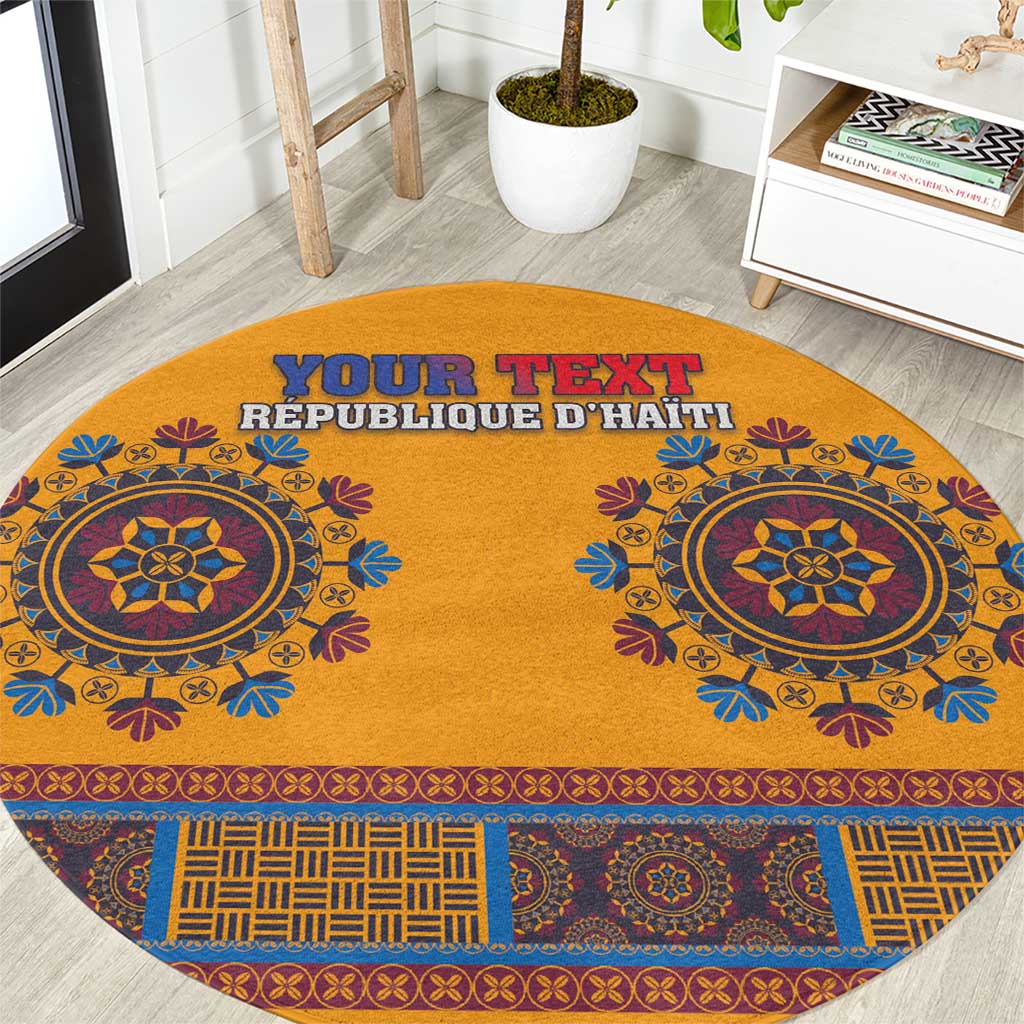 Round yellow dashiki-style carpet with blue circular motifs and personalized text
