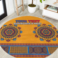 Round yellow dashiki-style carpet with blue circular motifs and personalized text