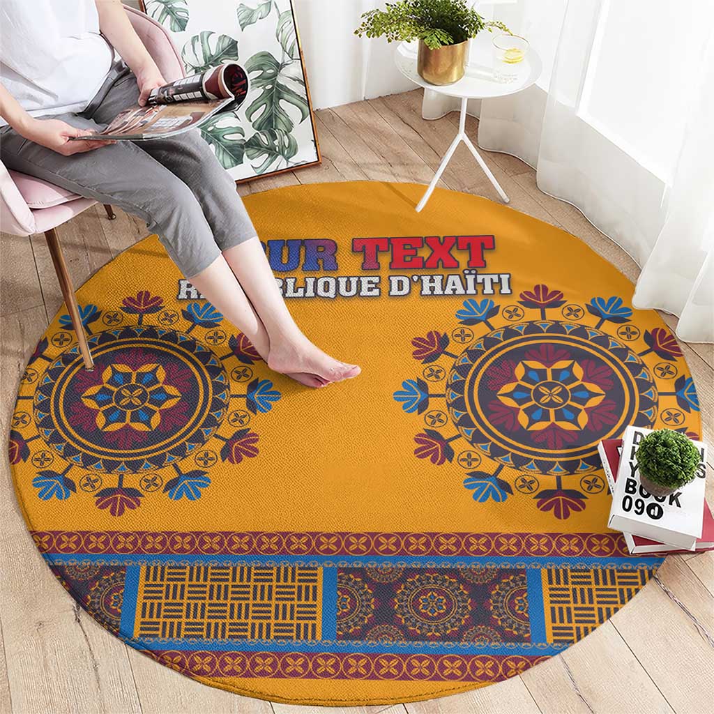Round yellow dashiki-style carpet with blue central medallions and patterned border