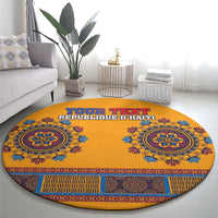 Round yellow dashiki-style carpet showing blue circular motifs and central personalized text