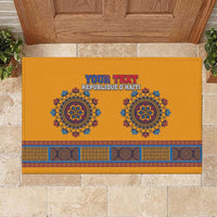 Personalized Haiti dashiki rubber doormat with yellow base, medallions, and border trim