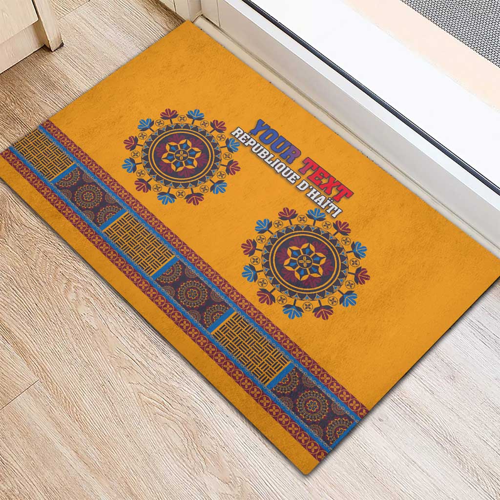 Yellow rubber doormat with blue border pattern and medallion graphics plus “YOUR TEXT”.