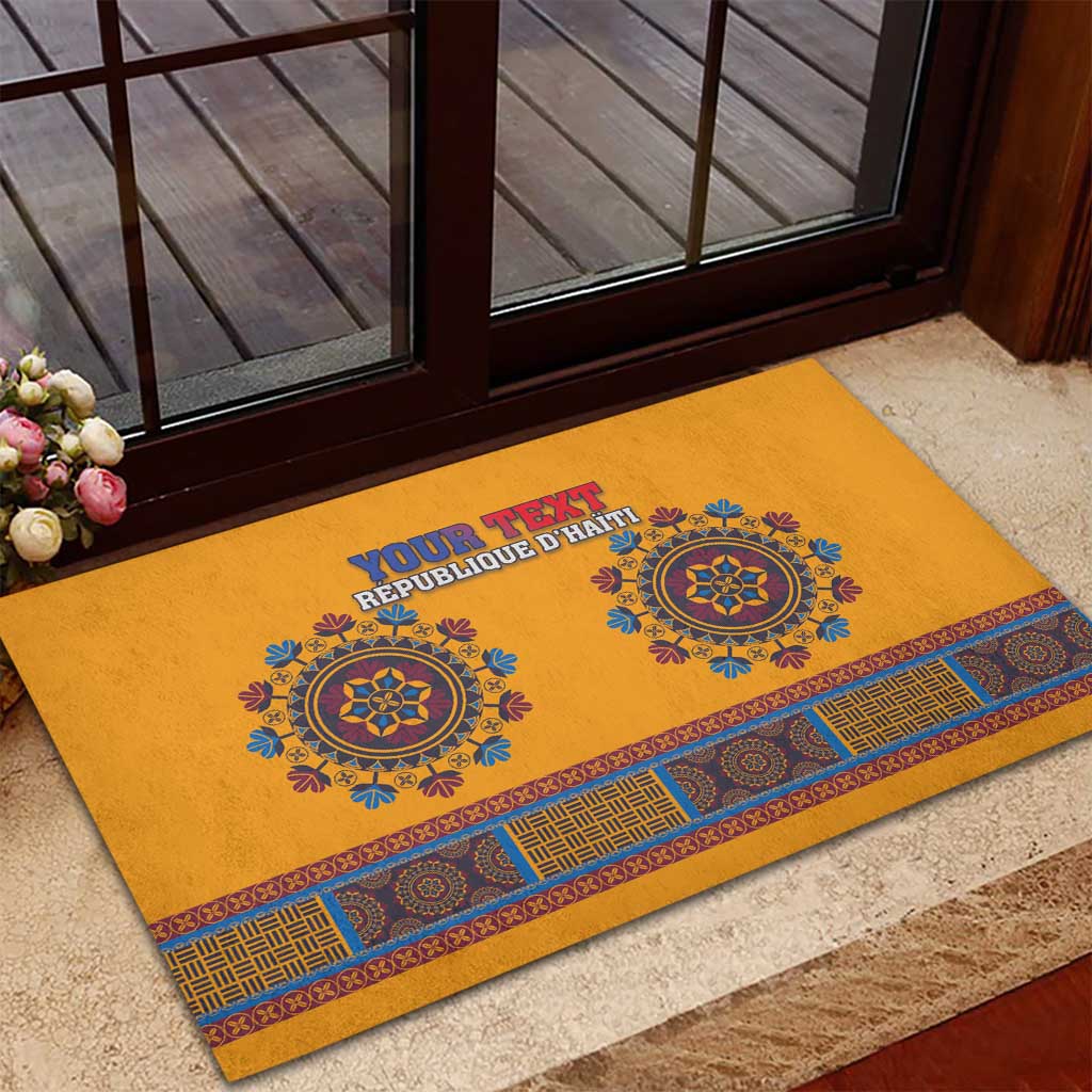 Personalized Haiti dashiki rubber doormat, yellow, with decorative circular print