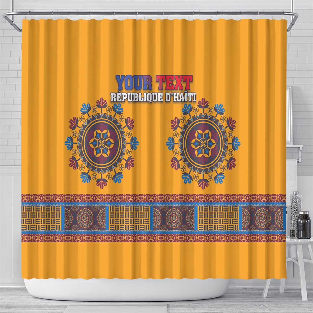 Yellow shower curtain with custom text and two blue-orange medallion designs across center