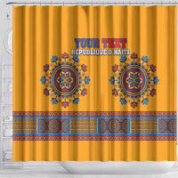 Yellow shower curtain with custom text, two round blue emblems, and ornate patterned strip