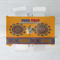 Yellow personalized Haiti dashiki tablecloth with blue patterned border and central emblem panel