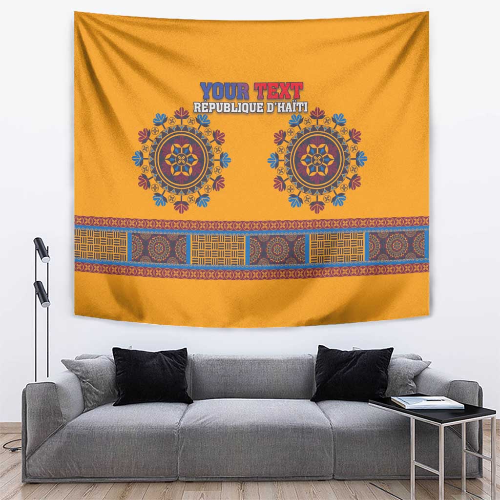 Yellow dashiki tapestry with blue circular medallions and patterned border band