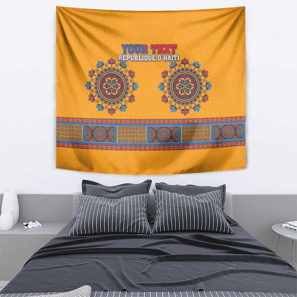 Yellow Haiti dashiki tapestry with blue emblem circles and decorative patterned band
