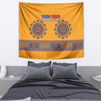 Yellow Haiti dashiki tapestry with blue emblem circles and decorative patterned band