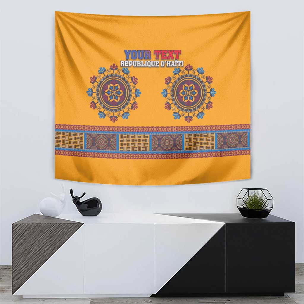 Yellow dashiki tapestry with blue circular symbols and an ornate geometric band