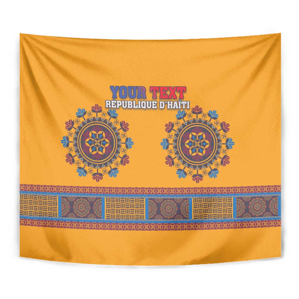 Yellow dashiki tapestry front view with blue emblem medallions and patterned border