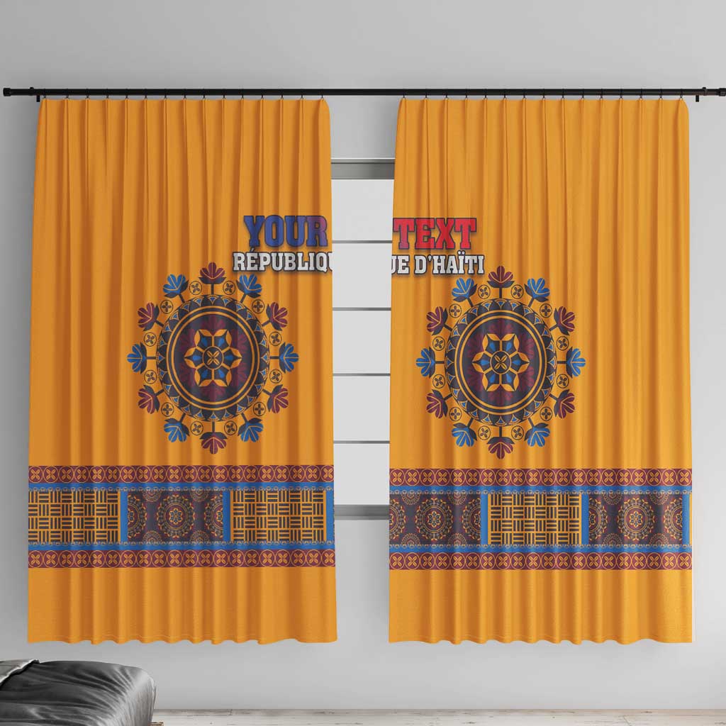 Yellow dashiki window curtain set with blue circular emblem and patterned border